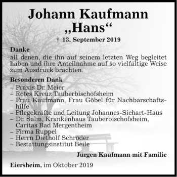 Traueranzeige von Johann Kaufmann von Fränkische Nachrichten