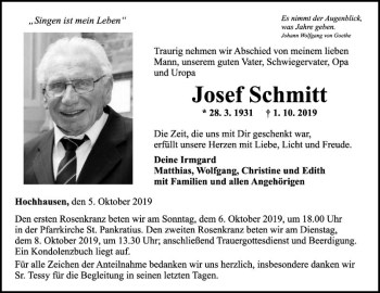 Traueranzeige von Josef Schmitt von Fränkische Nachrichten