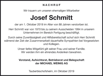 Traueranzeige von Josef Schmitt von Fränkische Nachrichten