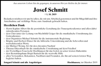 Traueranzeige von Josef Schmitt von Fränkische Nachrichten