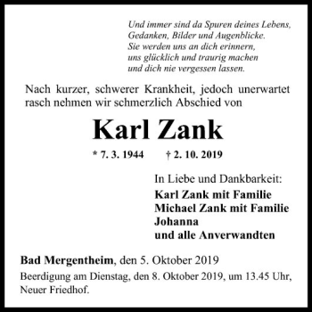 Traueranzeige von Karl Zank von Fränkische Nachrichten