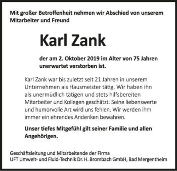 Traueranzeige von Karl Zank von Fränkische Nachrichten