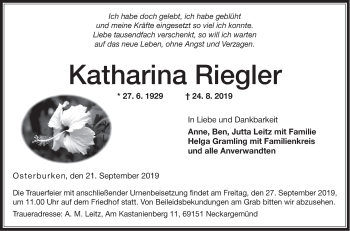 Traueranzeige von Katharina Riegler von Bergsträßer Anzeiger