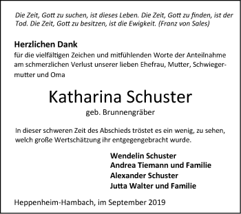 Traueranzeige von Katharina Schuster von Bergsträßer Anzeiger