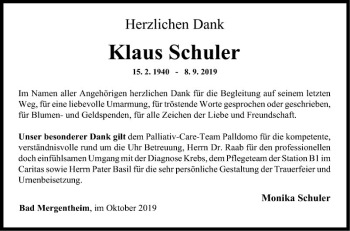 Traueranzeige von Klaus Schuler von Fränkische Nachrichten