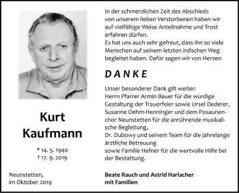 Traueranzeige von Kurt Kaufmann von Fränkische Nachrichten