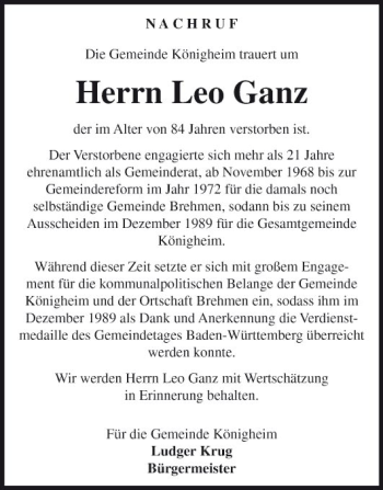 Traueranzeige von Leo Ganz von Fränkische Nachrichten