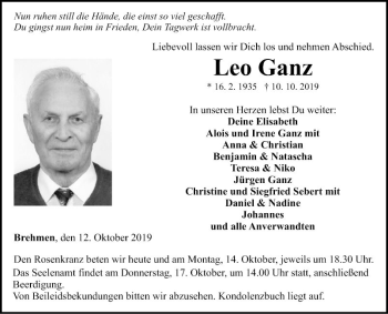 Traueranzeige von Leo Ganz von Fränkische Nachrichten