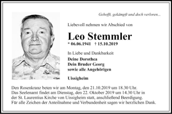 Traueranzeige von Leo Stemmler von Fränkische Nachrichten