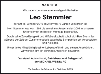 Traueranzeige von Leo Stemmler von Fränkische Nachrichten