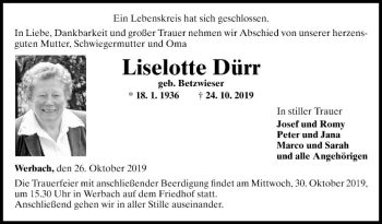 Traueranzeige von Liselotte Dürr von Fränkische Nachrichten