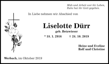 Traueranzeige von Liselotte Dürr von Fränkische Nachrichten