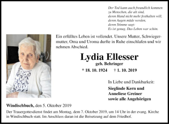 Traueranzeige von Lydia Ellesser von Fränkische Nachrichten