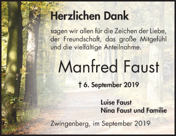 Traueranzeige von Manfred Faust von Bergsträßer Anzeiger