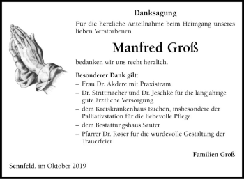 Traueranzeige von Manfred Groß von Fränkische Nachrichten