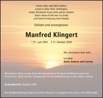 Traueranzeige von Manfred Klingert von Fränkische Nachrichten