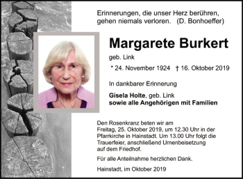 Traueranzeige von Margarete Burkert von Fränkische Nachrichten