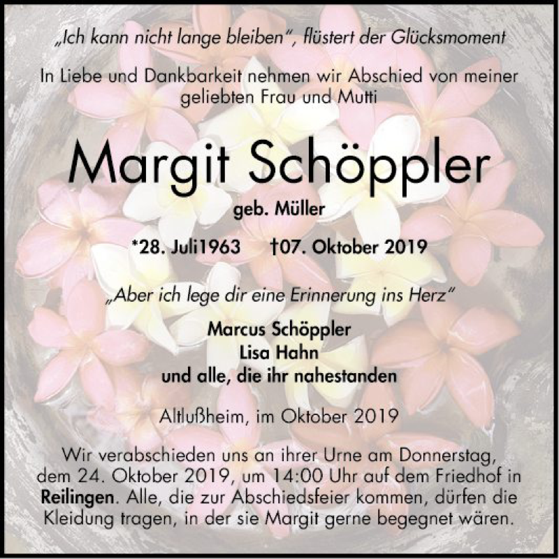  Traueranzeige für Margit Schöppler vom 19.10.2019 aus Schwetzinger Zeitung