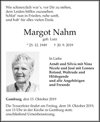 Traueranzeige von Margot Nahm von Fränkische Nachrichten