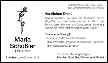 Traueranzeige von Maria Schüßler von Fränkische Nachrichten