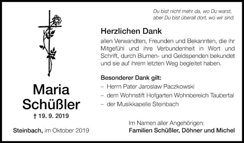  Traueranzeige für Maria Schüßler vom 12.10.2019 aus Fränkische Nachrichten