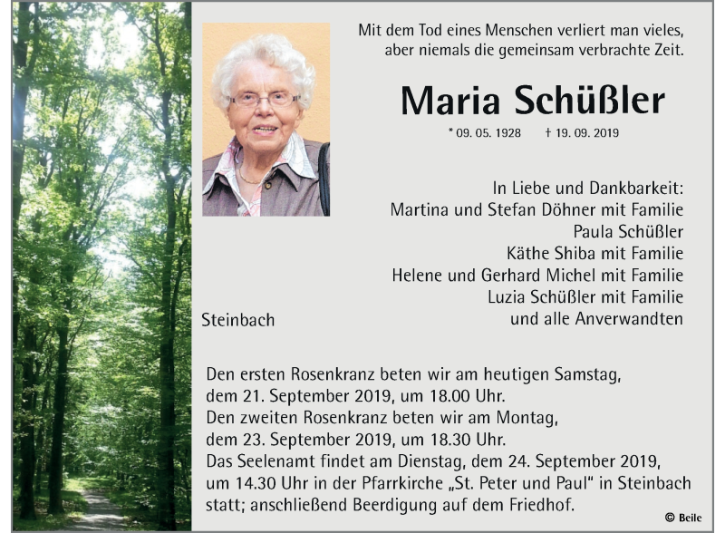  Traueranzeige für Maria Schüßler vom 21.09.2019 aus Fränkische Nachrichten