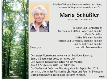 Traueranzeige von Maria Schüßler von Fränkische Nachrichten