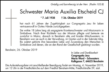 Traueranzeige von Maria Auxilia Etscheid von Bergsträßer Anzeiger