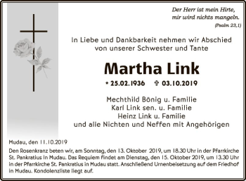 Traueranzeige von Martha Link von Fränkische Nachrichten