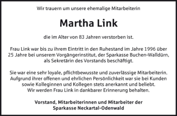 Traueranzeige von Martha Link von Fränkische Nachrichten