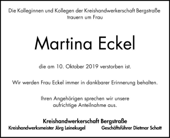 Traueranzeige von Martina Eckel von Bergsträßer Anzeiger