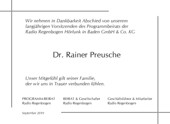 Traueranzeige von Rainer Preusche von Mannheimer Morgen