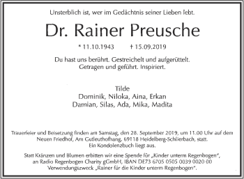 Traueranzeige von Rainer Preusche von Mannheimer Morgen