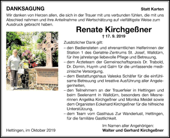 Traueranzeige von Renate Kirchgeßner von Fränkische Nachrichten