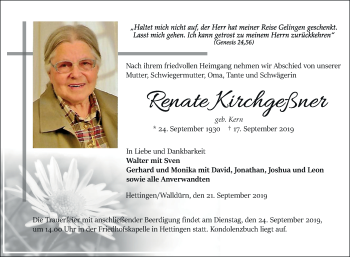 Traueranzeige von Renate Kirschgeßner von Fränkische Nachrichten