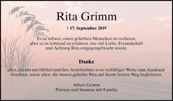 Traueranzeige von Rita Grimm von Bergsträßer Anzeiger