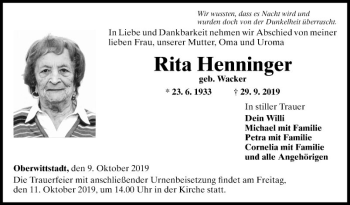 Traueranzeige von Rita Henninger von Fränkische Nachrichten