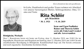 Traueranzeige von Rita Schlör von Fränkische Nachrichten