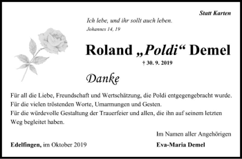 Traueranzeige von Roland Poldi Demel von Fränkische Nachrichten