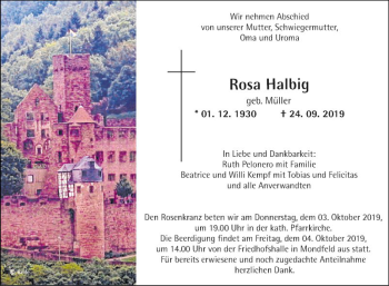 Traueranzeige von Rosa Halbig von Fränkische Nachrichten