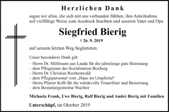 Traueranzeige von Siegfried Bierig von Fränkische Nachrichten