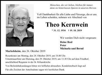 Traueranzeige von Theo Kernwein von Fränkische Nachrichten