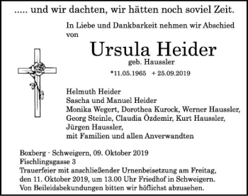 Traueranzeige von Ursula Heider von Fränkische Nachrichten