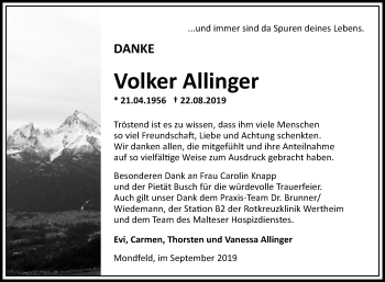 Traueranzeige von Volker Allinger von Fränkische Nachrichten