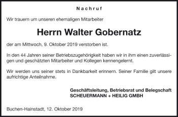 Traueranzeige von Walter Gobernatz von Fränkische Nachrichten