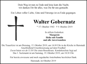 Traueranzeige von Walter Gobernatz von Fränkische Nachrichten