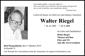 Traueranzeige von Walter Riegel von Fränkische Nachrichten