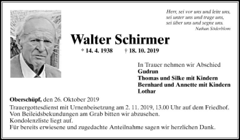 Traueranzeige von Walter Schirmer von Fränkische Nachrichten