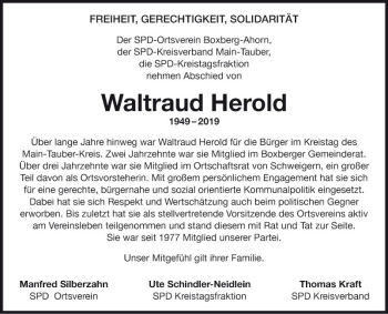 Traueranzeige von Waltraud Herold von Fränkische Nachrichten