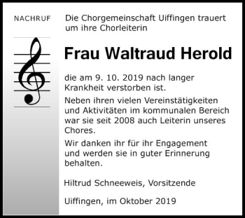 Traueranzeige von Waltraud Herold von Fränkische Nachrichten